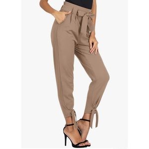 GRACE KARIN High Waist Pencil Pants Bow-Knot tie waist Pocket Work khaki Tan S